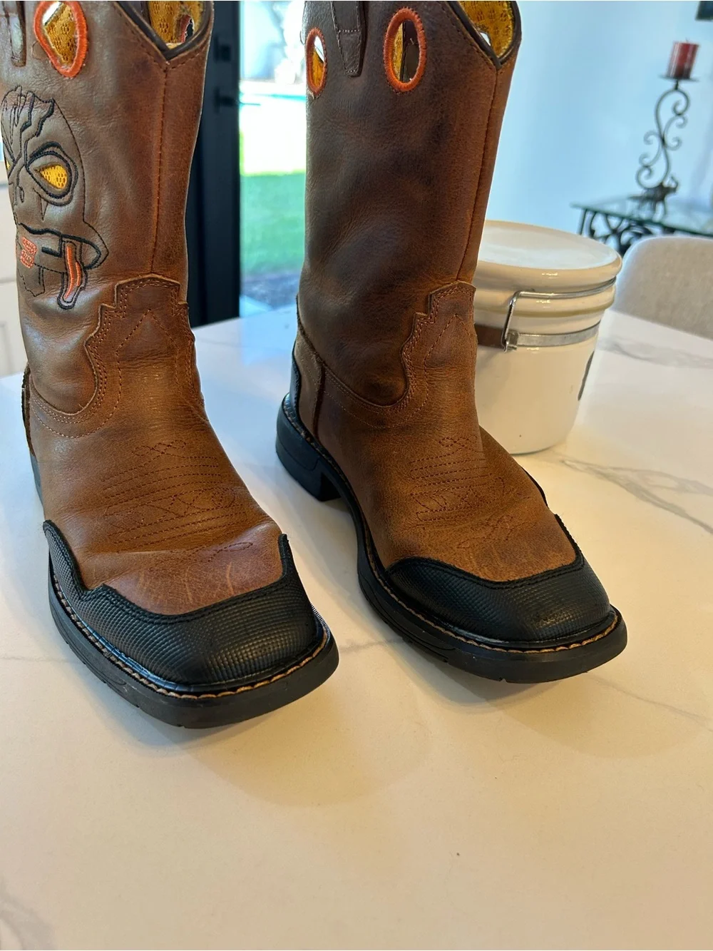Boys Cody James Brown Leather Work Boots with Orange Accent. Sz 4D